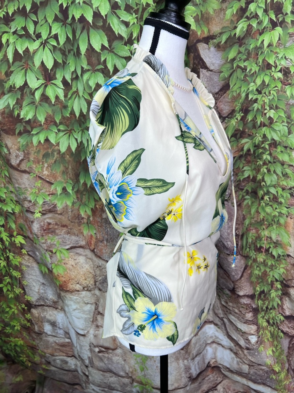 ZARA Cream and Green Tropical Print Dual Tie Blouse, S - Picture 8 of 10